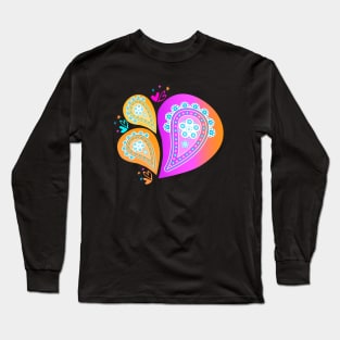 Pretty Cute Paisley Pattern with hearts and stars in orange, pink and blue Long Sleeve T-Shirt